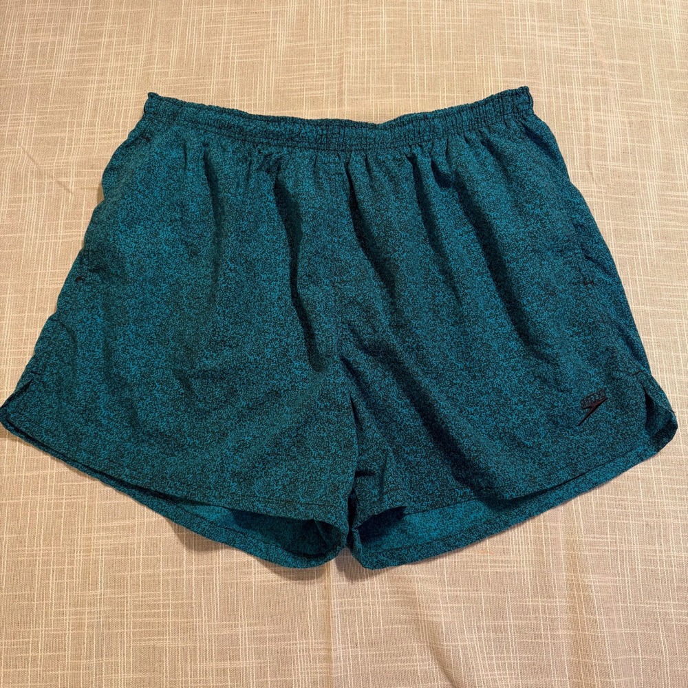 Speedo Vintage Mens XL Swim Trunks Teal Black Static Print Mesh Liner Nylon